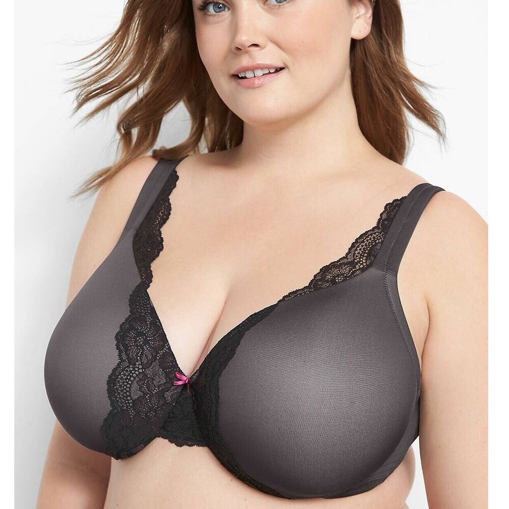 Cacique 42DD Smooth Lightly Lined‎ Full Coverage Bra With Lace Gray Pink Bow
